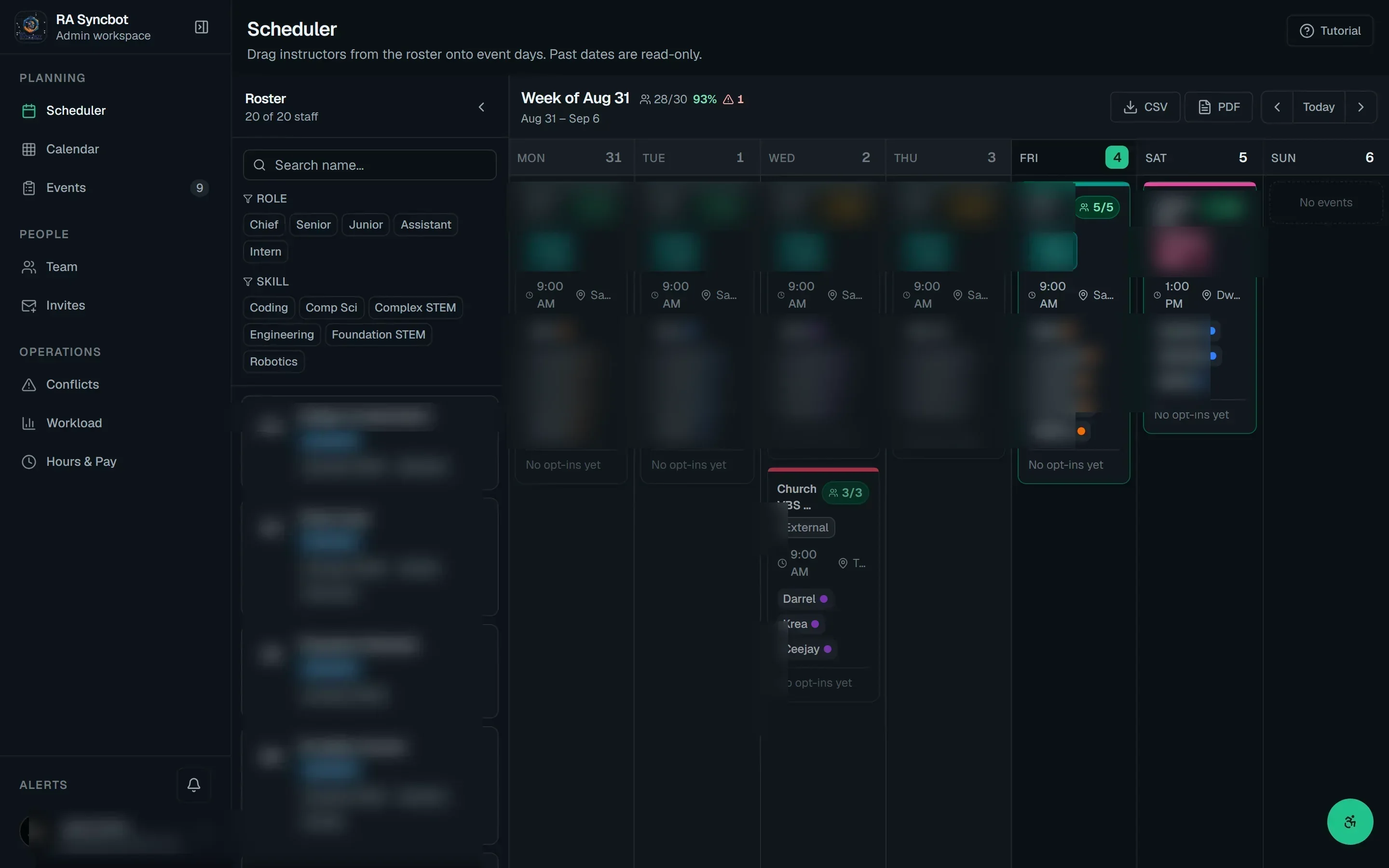 RASyncbot scheduler: crew roster beside a weekly calendar of jobs